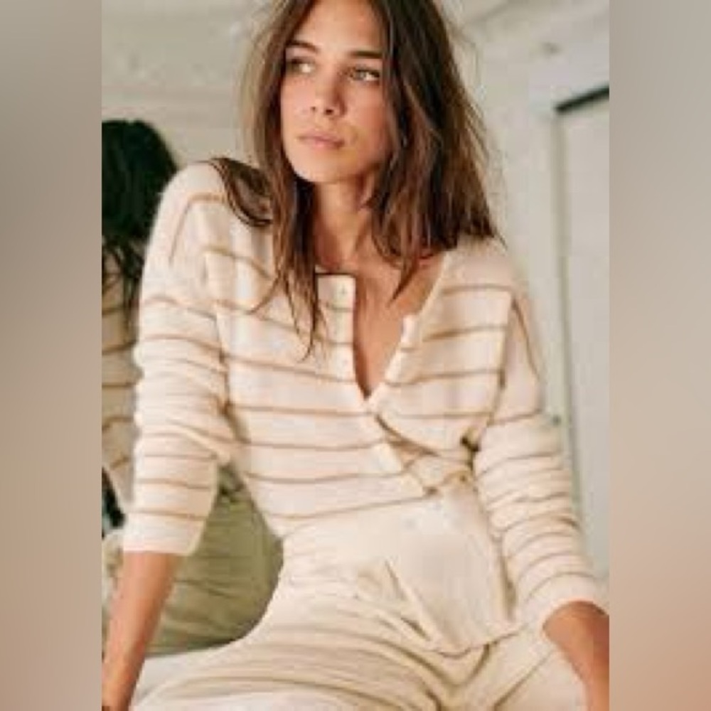 Sezane — Gaspard cardigan, large, ecru with gold stripes.